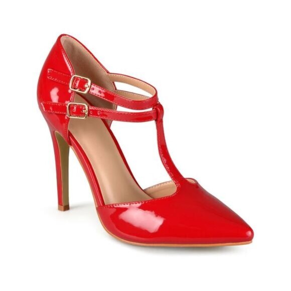 Red Journee Pointed Toe T-Strap Sz 8 Pumps With Double Buckle Strap Women's High - Picture 5 of 6